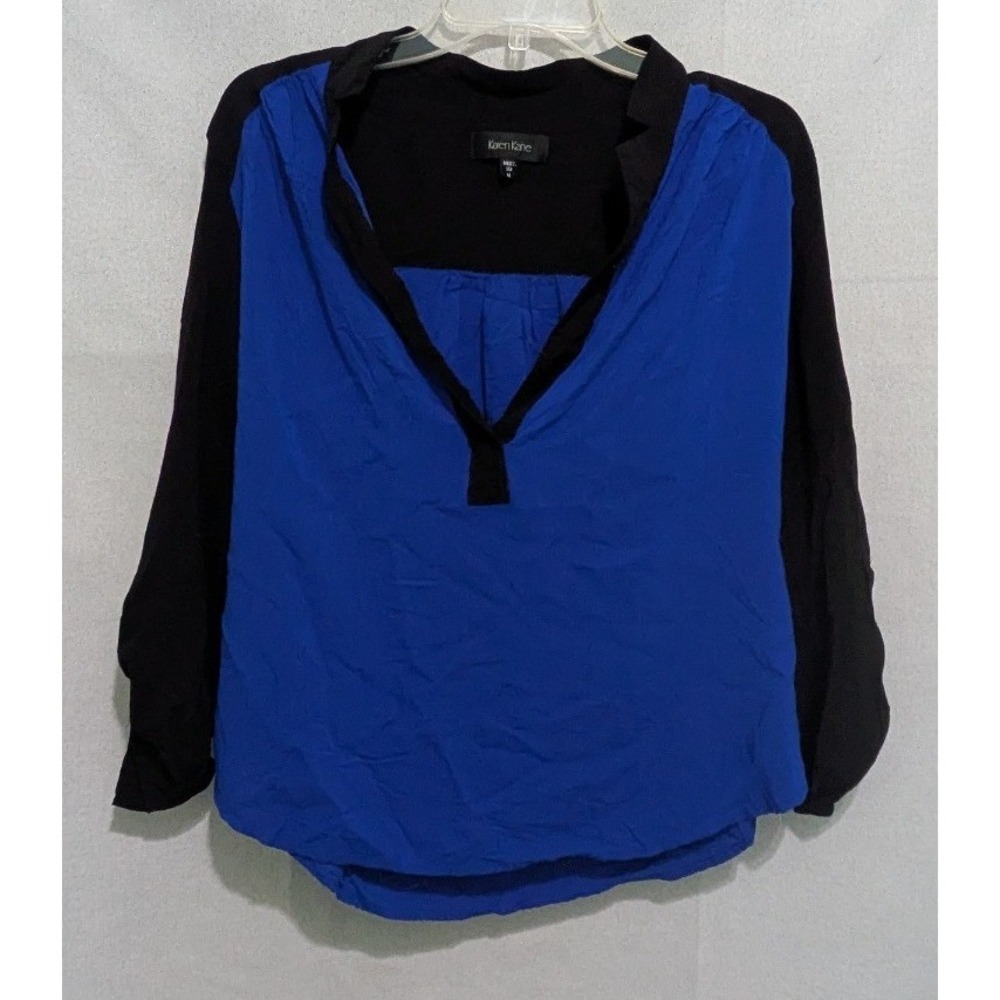 Karen Kane Blouse Women Medium Blue Black Excellent Colorblock Roll Tab Viscose